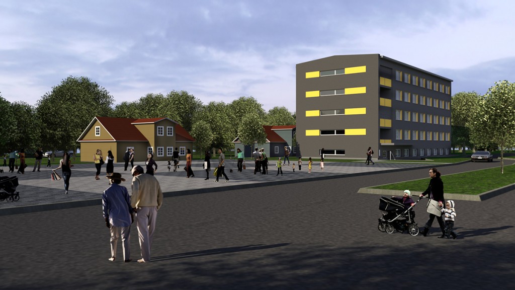 Pilt ruumilisest visioonist Pärnu maantee 27a sotsiaalmajast koos ümbrusega