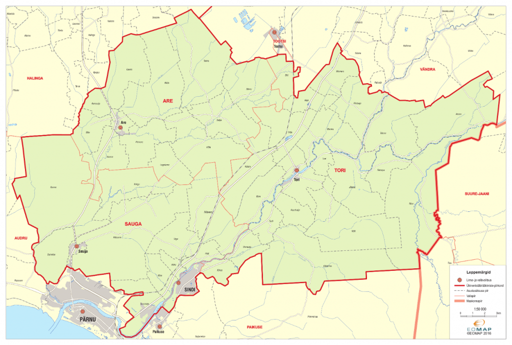 Uue Tori valla kaart nelja ühinenud omavalitsuse piirides