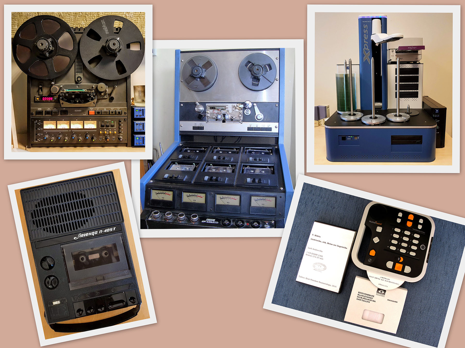 Üleval vasakult lintmagnetofon, kassetipaljundaja ja CD-de paljundusrobot, all kassettmagnetofon ja DAISY-pleier. Silva Paluvitsa fotokollaaž